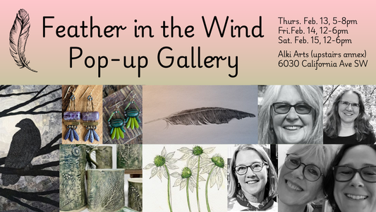 Feather in the Wind Pop Up Gallery poster with images of artwork, jewelry and black and white photos of five women.